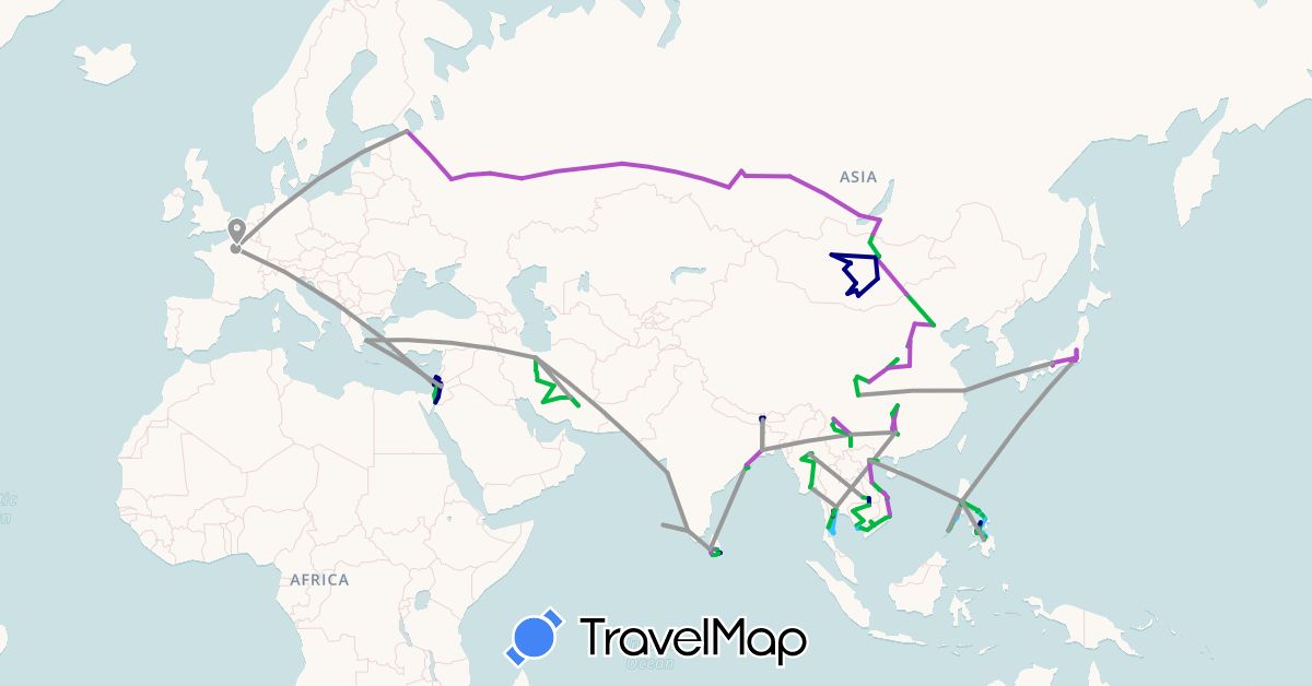 TravelMap itinerary: driving, bus, plane, train, boat, motorbike in China, France, Greece, Israel, India, Iran, Jordan, Japan, Cambodia, Laos, Sri Lanka, Myanmar (Burma), Mongolia, Philippines, Russia, Thailand, Vietnam (Asia, Europe)